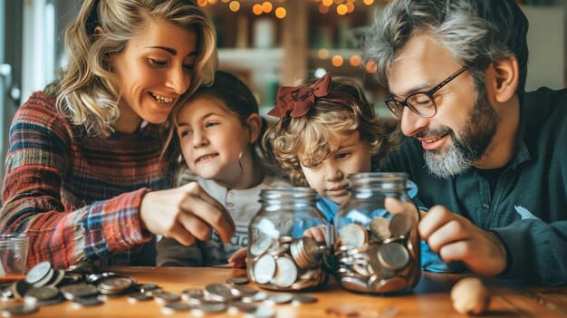 A split-screen image showing a family happily placing coins into a savings jar on one side, and a graph trending upward representing investment growth on the other, symbolizing financial goals and planning.