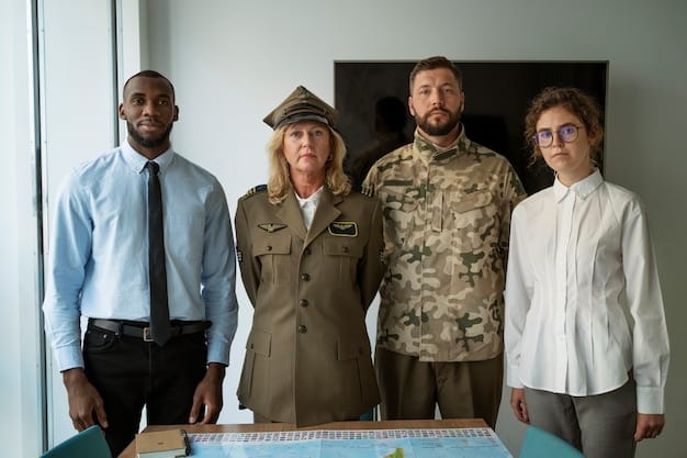 A medium shot of a group of US military personnel, some in uniform and others in civilian attire, gathered around a table in a library, engaged in a study session, symbolizing the educational opportunities provided by the Tuition Assistance Program.
