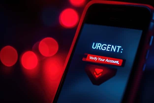 A close-up of a smartphone screen showing a phishing email with a military logo, with the subject line reading 