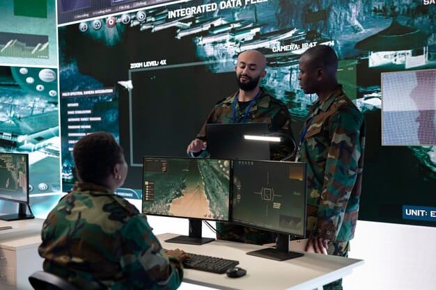 An image depicting a diverse group of military personnel in a control room, monitoring drone feeds on large screens. The room is filled with sophisticated equipment and displays real-time data.