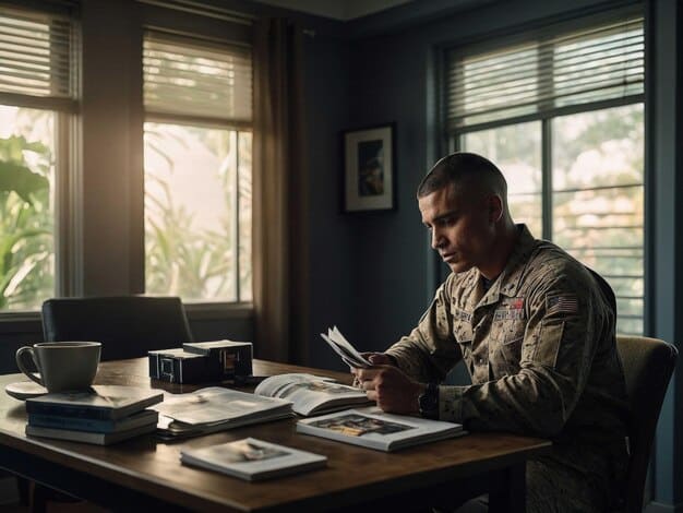 A close-up image of a US military recruiter sitting at a desk, reviewing documents with a prospective recruit. The recruiter is explaining the benefits of enlisting, pointing to a chart detailing potential bonuses and career paths. The scene is professional and informative, illustrating the guidance provided to new recruits.