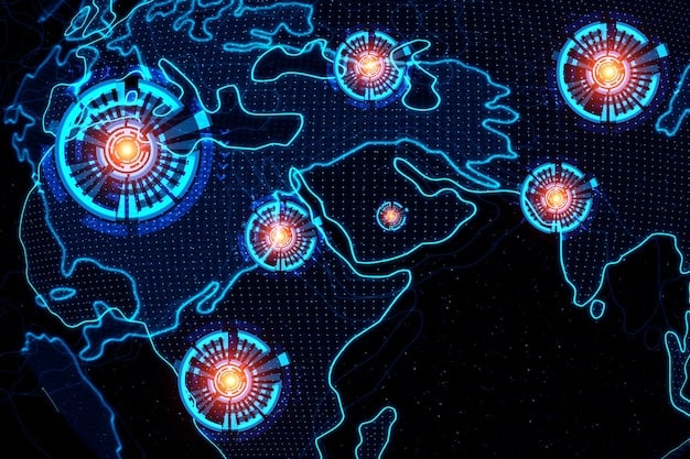 A stylized depiction of a world map with glowing nodes representing sources of disinformation attacks targeting the United States, highlighting the global nature of the threat.