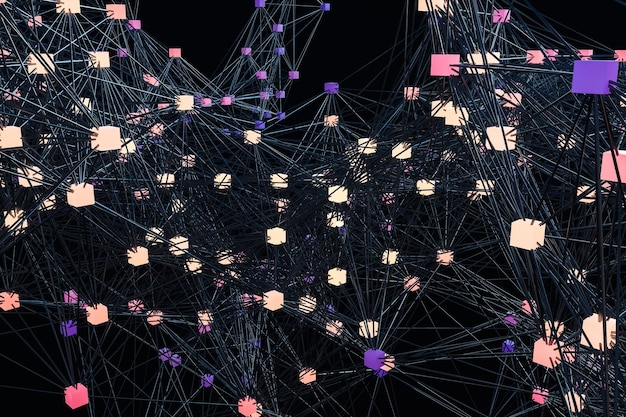 An abstract representation of an AI neural network analyzing a stream of social media data, identifying and flagging potential disinformation sources and content.