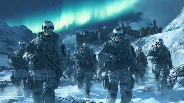 A group of U.S. soldiers participating in a joint military exercise with Canadian and Norwegian forces in the Arctic. The image highlights cooperation and interoperability among allied nations.