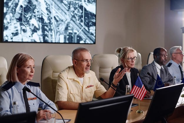 A photographic image showing a meeting between US Space Force officials and representatives from allied nations, such as the UK and Australia. The meeting should be taking place in a modern conference room, with flags of the respective nations displayed in the background. The atmosphere should be cooperative and collaborative.