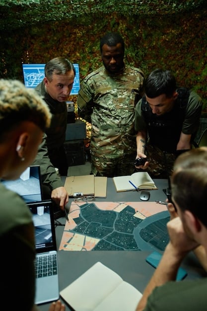 A high-angle shot of engineers and military personnel collaborating in a high-tech laboratory, working on a prototype of a robotic soldier. The focus is on the intricate details of the robot and the collaborative effort.