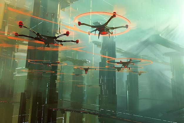 A digital rendering of an AI-controlled drone swarm executing a coordinated maneuver in a war zone. The drones are sleek and futuristic, with glowing lights highlighting their autonomous capabilities.