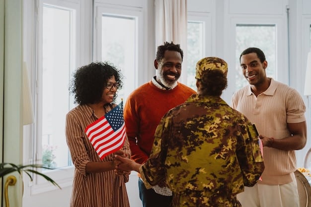 A diverse group of US military personnel, both men and women, standing together in their uniforms, smiling and looking towards the camera, representing inclusivity and support for all service members and their families.