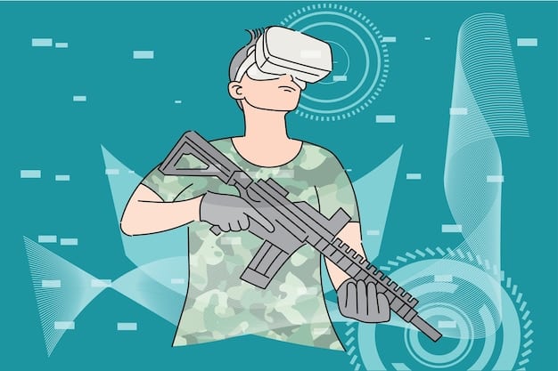 An illustration depicting a soldier wearing augmented reality goggles, overlaid with data streams and tactical information, representing the integration of advanced technologies in modern military operations as highlighted in the DIA report.