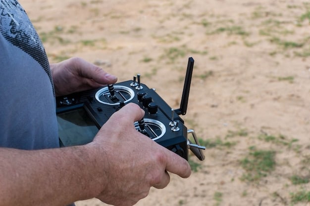A soldier uses a remote control to operate a robotic combat vehicle during a field test. The RCV is equipped with cameras and sensors that relay information back to the soldier, allowing them to navigate and engage targets from a safe distance. The surrounding environment shows a rugged terrain, highlighting the vehicle's ability to operate in challenging conditions.