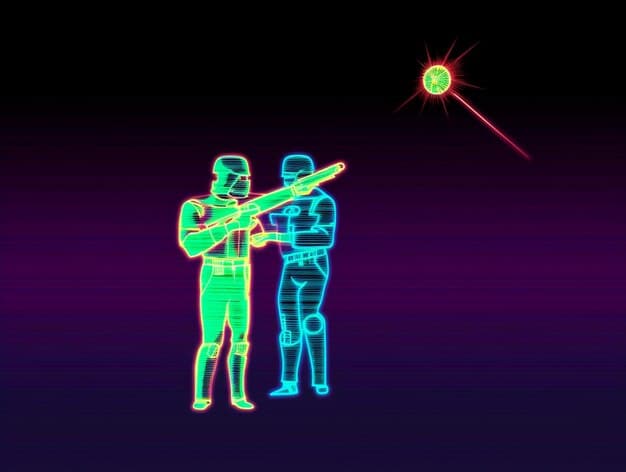 A simulation or artist's rendering of the HELIOS laser weapon system in action on a US Navy destroyer, engaging multiple drone targets with laser beams. The ship is navigating through a choppy sea, highlighting the system's operational environment.