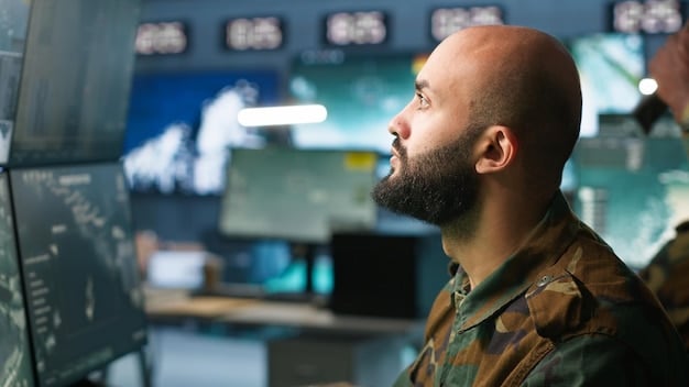 A close-up shot of a US military engineer working on the advanced control system of a drone swarm, with multiple screens displaying real-time data, flight paths, and swarm coordination algorithms. The focus is on the engineer's hands and the intricate software interface, highlighting the complex technology involved in managing a drone swarm.