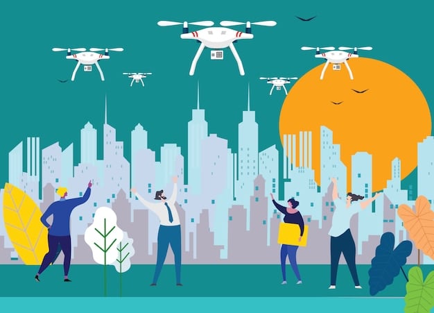 A graphic representation of a drone swarm autonomously navigating through a complex urban environment, avoiding obstacles and identifying potential threats. The graphic emphasizes the swarm's coordinated movement and advanced algorithms, highlighting its capabilities in reconnaissance and surveillance within cluttered spaces.