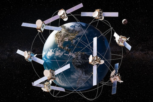 An artist's depiction of a network of advanced satellites in orbit, monitoring the Earth for hypersonic missile launches. The satellites are equipped with advanced sensors, and data is being transmitted to ground-based command centers.