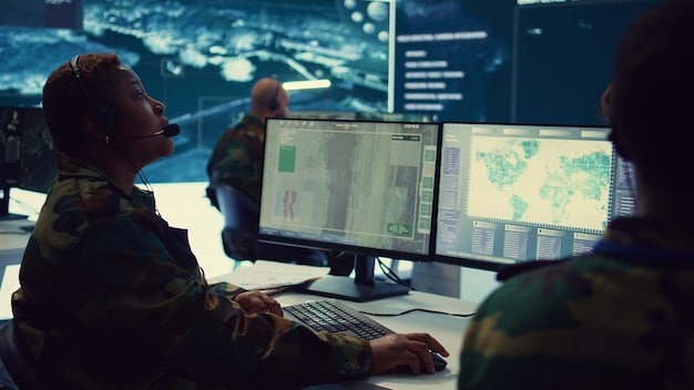 A close-up shot of a military logistics command center. Multiple computer screens display real-time data analytics, supply chain visualizations, and predictive maintenance schedules. AI algorithms are highlighted, showing how they are processing and optimizing logistics operations.
