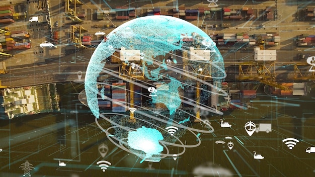 A graphical representation of a global logistics network, with AI algorithms optimizing transportation routes. The map shows various military installations, supply depots, and transportation hubs connected by optimized routes. AI icons highlight the data analysis and decision-making processes.