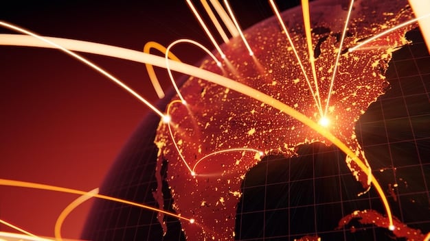 A network diagram showing connections between various countries and the United States, with red lines indicating cyberattacks and defensive shields representing US cybersecurity measures.