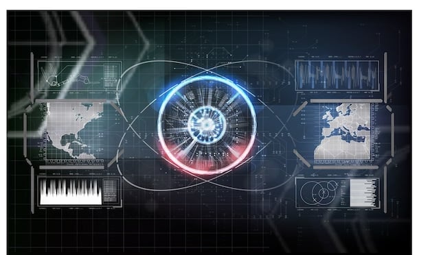 A futuristic interface showing a US Cyber Command operative analyzing real-time cyber threat data, with holographic projections of code and network activity surrounding them.