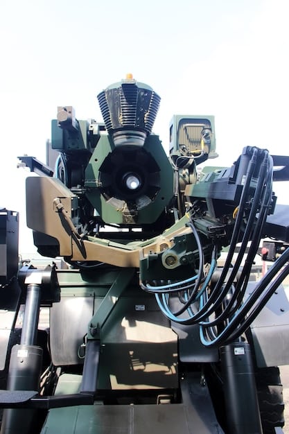 A digitally enhanced photo showing a Russian military vehicle equipped with a microwave weapon system, targeting and disabling a group of enemy drones. The image conveys the potential of Russian DEWs for electronic warfare and air defense.