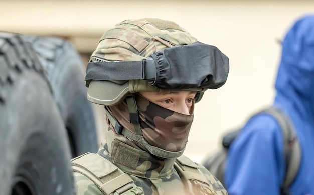 A close-up view of an AR headset displaying tactical information such as enemy positions, waypoints, and potential threats, highlighting the real-time data capabilities of AR in a military context.