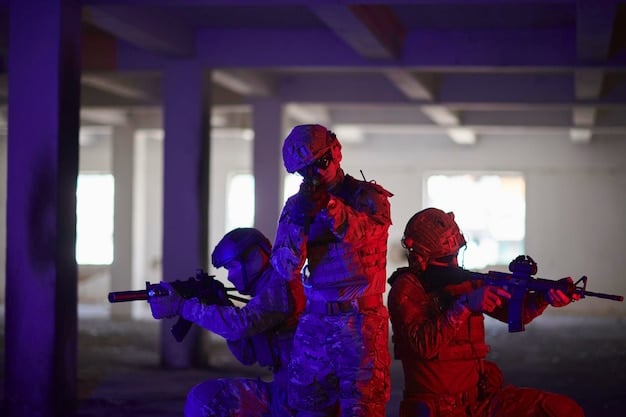 Soldiers participating in an AR-based training exercise using laser tag in a mock urban environment with virtual obstacles and enemy combatants overlaid on the real-world setting, showcasing the immersive and interactive nature of the training.