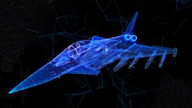 An illustration of a fighter jet with a glowing, holographic cockpit, displaying complex data streams and targeting information. The jet is surrounded by a network of interconnected drones and satellites, showcasing advanced sensor integration and networking capabilities.