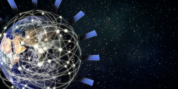 A graphic depicting a network of satellites in orbit around the Earth, illustrating the concept of satellite constellations and their global coverage.