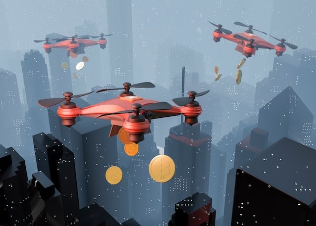 An illustration of a swarm of nanobots deployed for surveillance purposes in a city environment, each equipped with miniature sensors and communication devices.