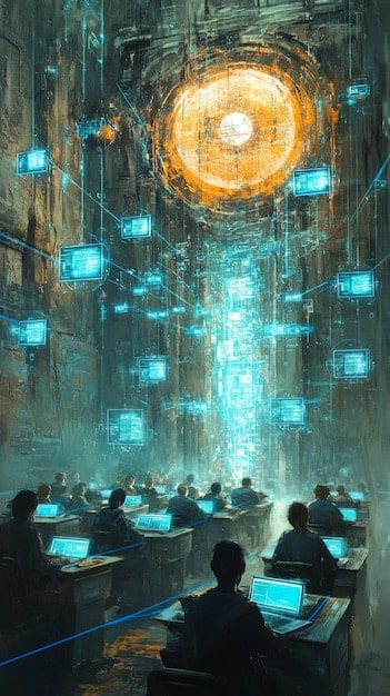 A digital illustration depicting a complex network of data streams being analyzed by an AI algorithm, highlighting the use of AI in cybersecurity defense.