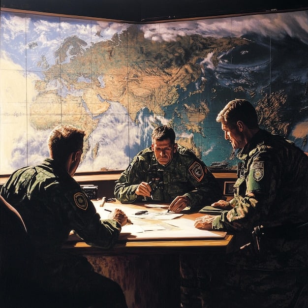 A depiction of US military officials attending a briefing, with a map of the Pacific region in the background, symbolizing their strategic focus and potential miscalculations.