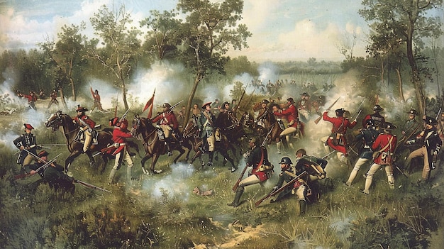 A painting depicting the Battle of Saratoga, showing American soldiers positioned in trees, firing down on British troops marching in formation below. The contrast highlights the guerrilla tactics used by the Americans.