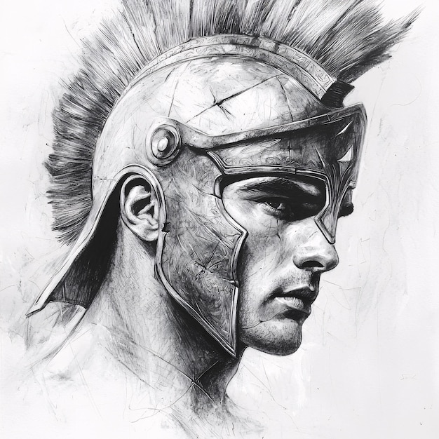 A black and white sketch of King Leonidas, depicted with a stern expression and wearing a Spartan helmet, gazing towards the horizon just before the battle.