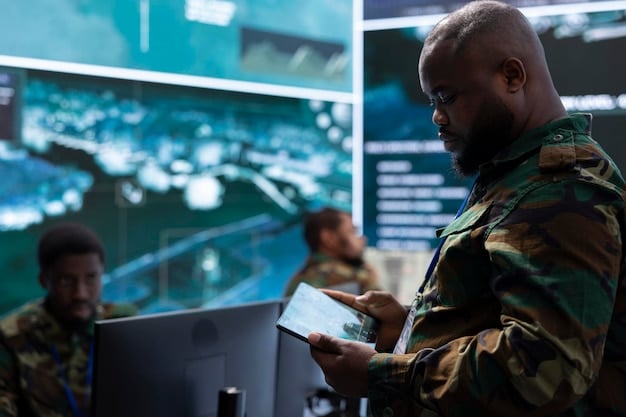 An image showing a military instructor leading a training session on social media security, with service members attentively listening and engaging with digital devices.