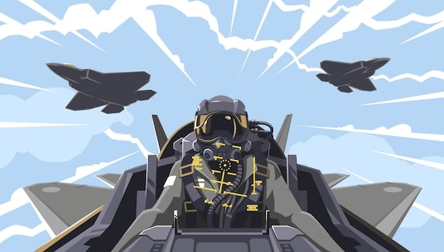 Cartoon of two pilots sitting in the cockpit of a fighter jet. One pilot says to the other 