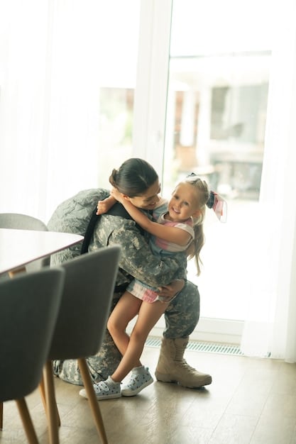 A photograph of a military family with two children, capturing a candid moment as they video chat with a deployed service member. The background includes elements of a typical American home, such as family photos and children's toys, highlighting the emotional connection and the role of technology in maintaining relationships during deployment.