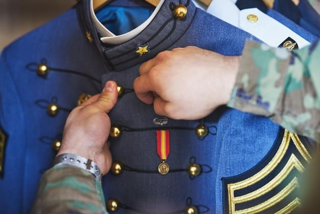 A close-up image of a soldier's uniform adorned with various military ribbons and badges. The focus should be on the details of the awards and their arrangement on the uniform.