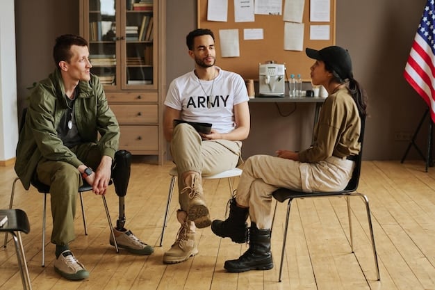 A candid photo of a support group meeting on a military base, with service members from different backgrounds and ranks sharing their experiences and offering support to each other. The goal is to depict a sense of camaraderie, vulnerability, and mutual support in addressing mental health challenges.