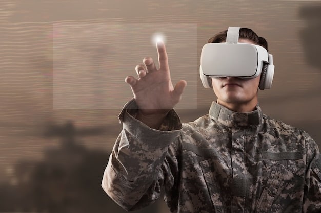 A soldier wearing an augmented reality headset during a training exercise, displaying tactical information overlaid on their vision and interacting with virtual objects in the real world.