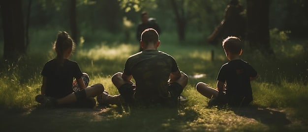 A group of soldiers participating in a mindfulness session outdoors, practicing deep breathing and meditation techniques in a serene environment.