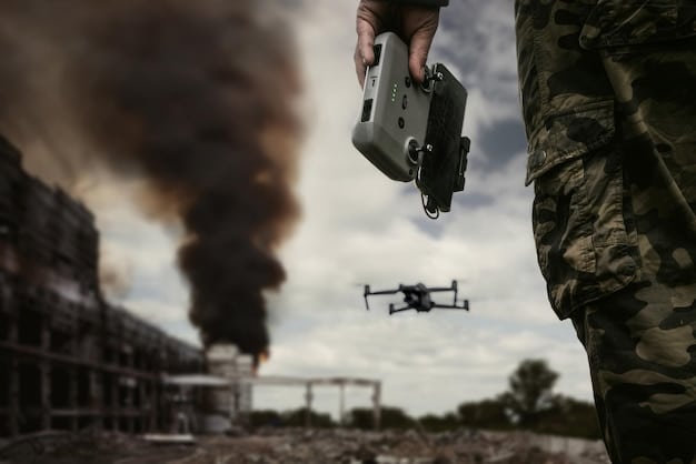 An image depicting a soldier looking thoughtfully at a drone flying overhead, representing the challenges and ethical considerations involved with modern warfare technology.