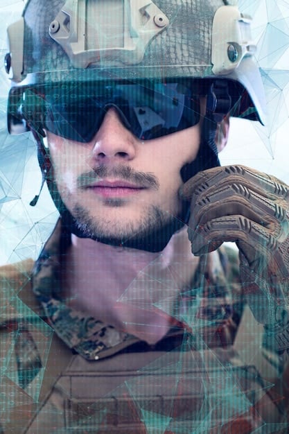 A close-up shot of a soldier wearing a heads-up display (HUD) with real-time data overlaid on their vision. The data includes maps, enemy positions, and vital signs.