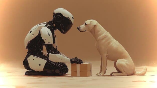 A soldier working alongside a robotic dog in a war setting. The robotic dog delivers useful supplies.