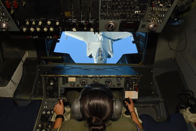 U.S. Air Force pilots in the cockpit of a fighter jet during a training mission. The focus is on the advanced technology and instrumentation surrounding them, illustrating the Air Force's focus on innovation and technological advancement.
