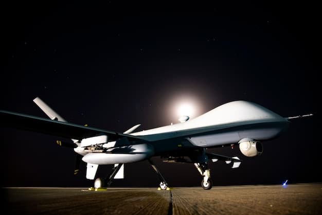 A sleek, stealthy military drone with advanced sensor pods, subtly blending into a twilight sky, demonstrating covert surveillance capabilities.