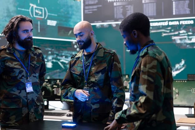 A diverse group of military personnel and AI researchers collaborating in a high-tech control room, focusing on ethical AI development and human oversight in drone operations.