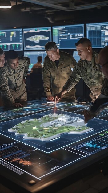 A group of engineers and military personnel observing data on large screens in a control room, analyzing the flight path of a simulated hypersonic missile.
