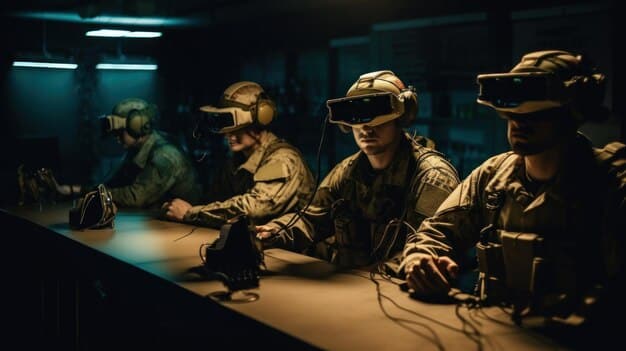 Soldiers in a VR training facility, wearing headsets and holding simulated weapons, navigating a complex urban environment.