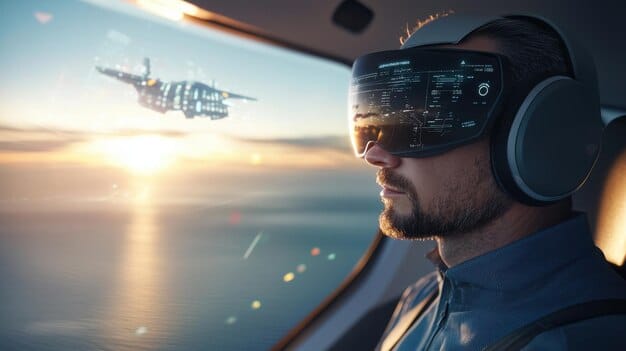 An aviator wearing a mixed reality headset, interacting with holographic cockpit controls projected onto their real-world environment.