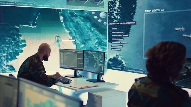 A cybersecurity analyst working on a secure network interface, with blurred schematics of a military component on screen, illustrating the digital security aspects of 3D printing for weapon systems.