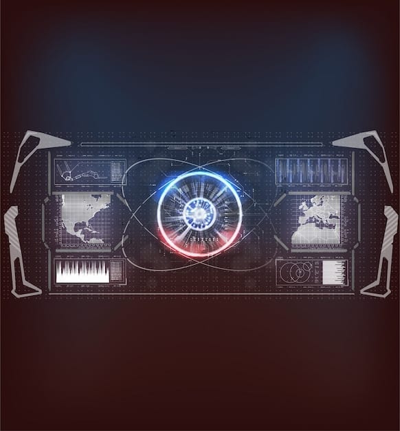 A detailed holographic cockpit display showing complex networked data streams and multiple target indicators, with a pilot's hands subtly visible on futuristic controls.